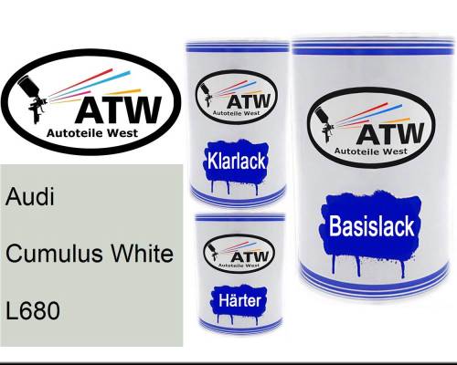 Audi, Cumulus White, L680: 500ml Lackdose + 500ml Klarlack + 250ml Härter - Set, von ATW Autoteile West.